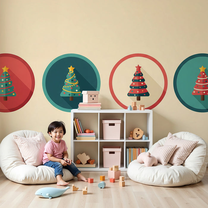 Behang kinderkamer | Kleurrijke kerstbomen in speelse cirkels