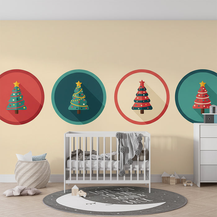 Behang kinderkamer | Kleurrijke kerstbomen in speelse cirkels