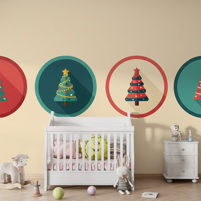 Behang kinderkamer | Kleurrijke kerstbomen in speelse cirkels
