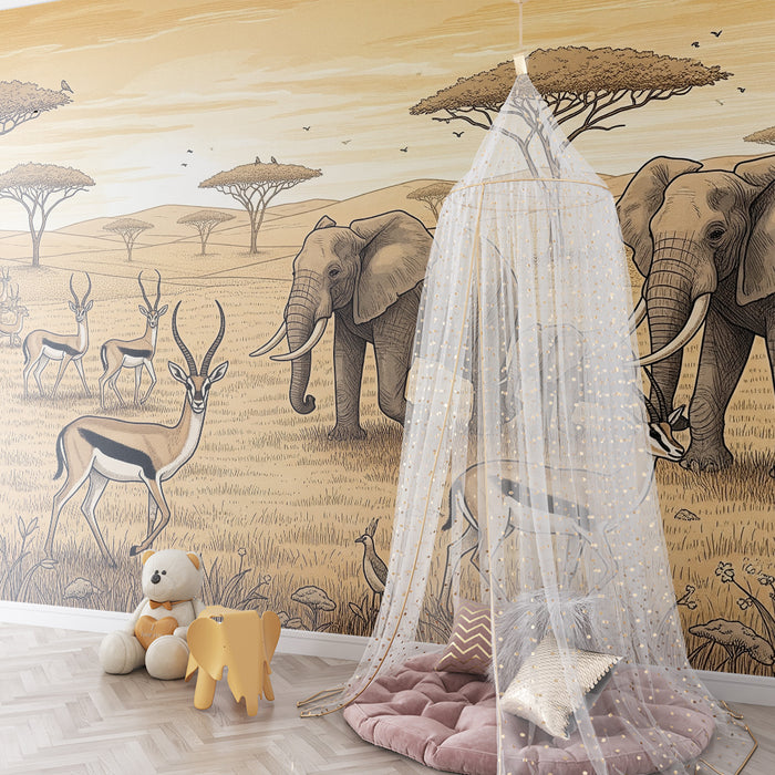 Gyermekszoba tapéta | Elefántok és antilopok afrikai szavannája