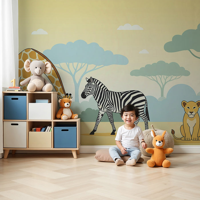 Papel pintado infantil | Sabana con jirafa, cebra y cachorro de león