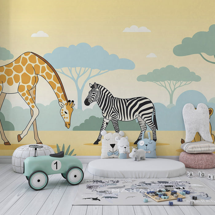 Papel pintado infantil | Sabana con jirafa, cebra y cachorro de león