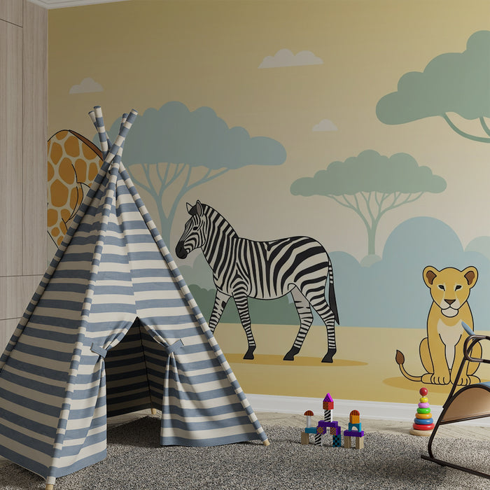 Papel pintado infantil | Sabana con jirafa, cebra y cachorro de león