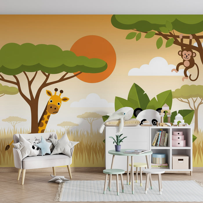 Kinderzimmer Tapete | Bunte Savanne mit niedlichen Tieren