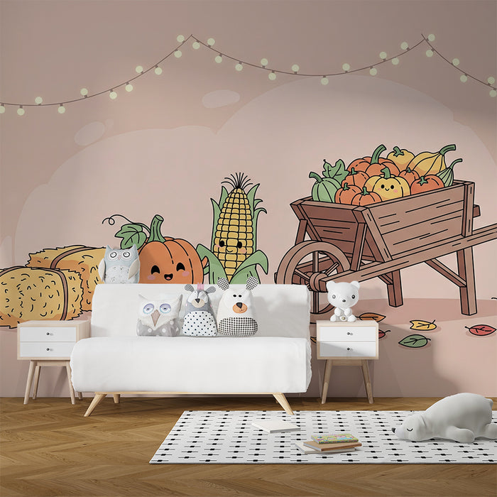 Papel de parede para quarto de criança | Cena de outono com abóboras e milho sorridente