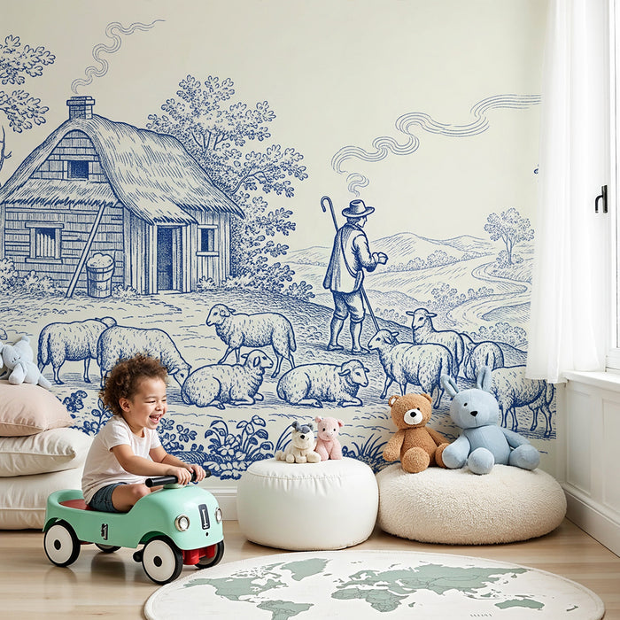 Children's bedroom wallpaper | Bucolic scene with a shepherd and sheep in a peaceful landscape