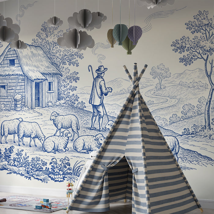 Children's bedroom wallpaper | Bucolic scene with a shepherd and sheep in a peaceful landscape