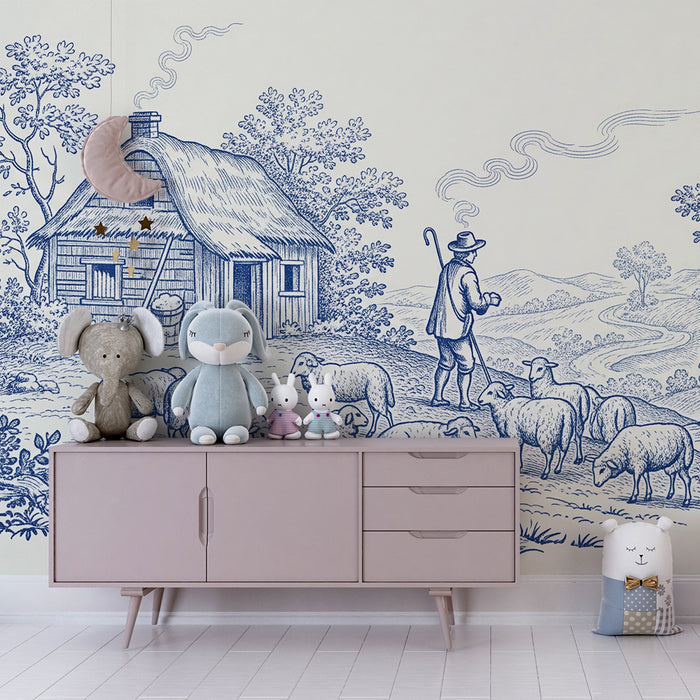 Children's bedroom wallpaper | Bucolic scene with a shepherd and sheep in a peaceful landscape