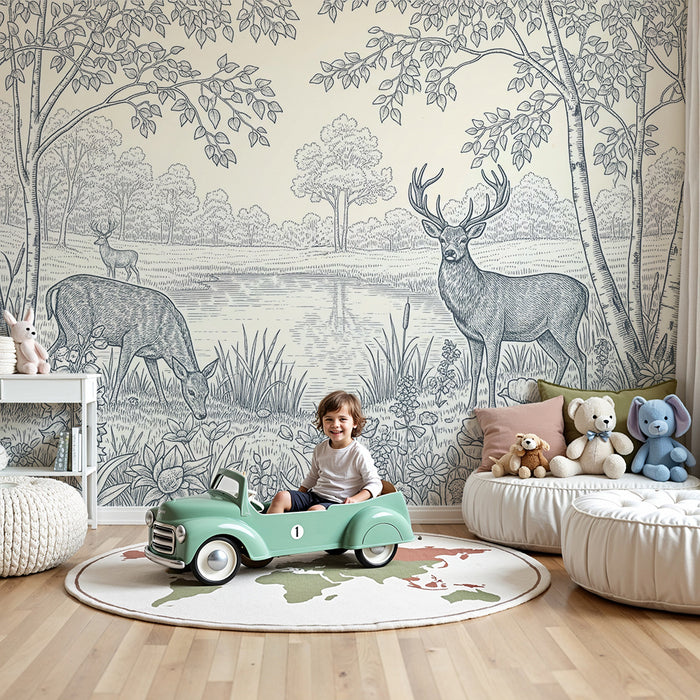 Tapete Kinderzimmer | Ländliche Szene mit Hirschen und Wildblumen