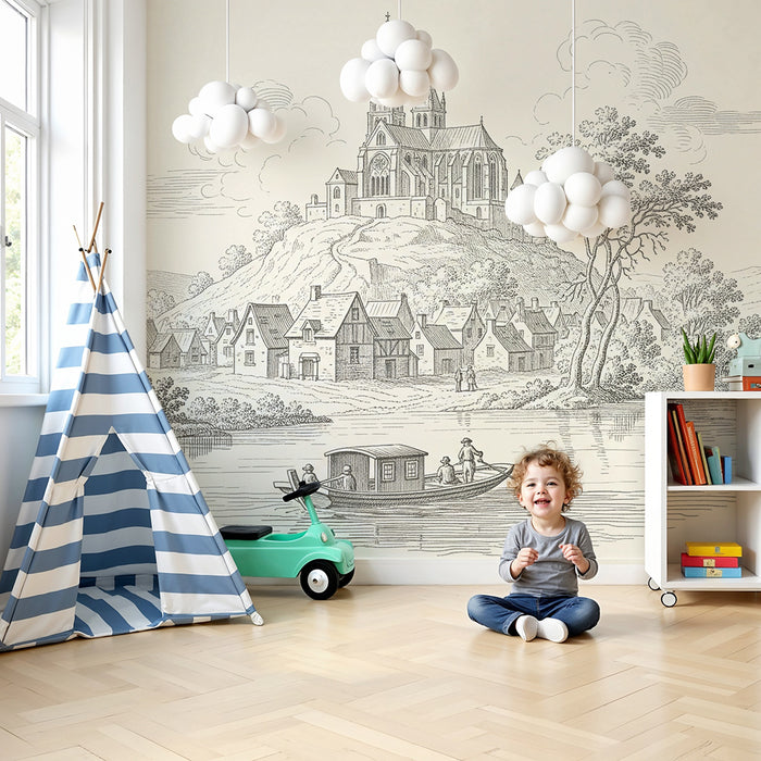 Carta da parati per camera bambini | Scena bucolica con chiesa e villaggio tranquillo