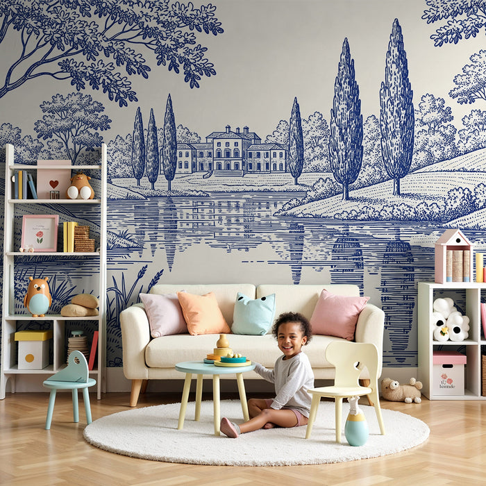 Papier peint chambre enfant | Scène bucolique avec lac et maison de campagne