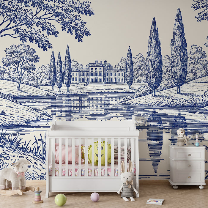 Papier peint chambre enfant | Scène bucolique avec lac et maison de campagne