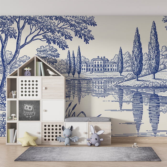 Papier peint chambre enfant | Scène bucolique avec lac et maison de campagne