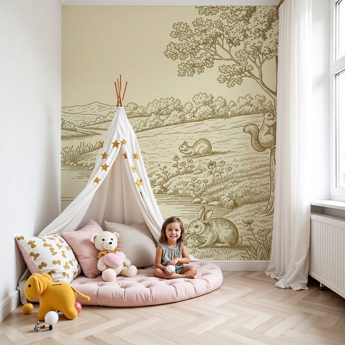 Papier peint chambre enfant | Scène bucolique avec lapins et écureuils au bord de l'eau