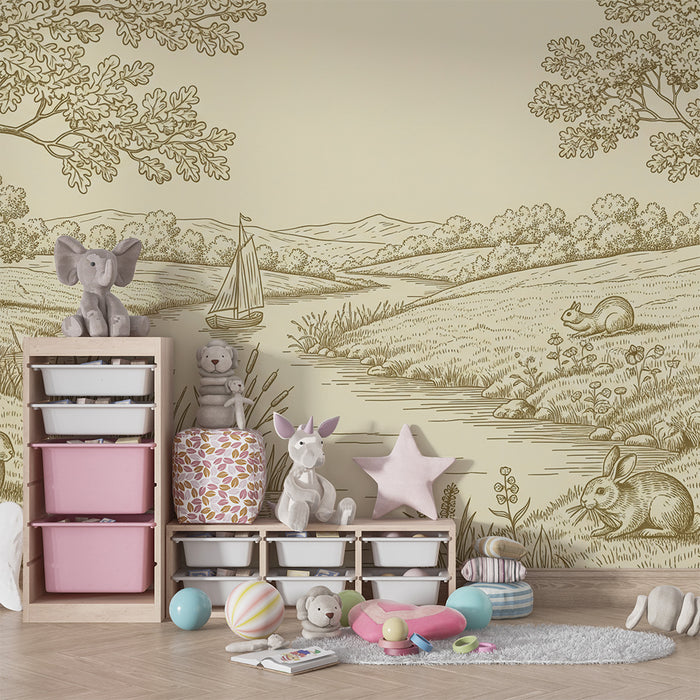 Papier peint chambre enfant | Scène bucolique avec lapins et écureuils au bord de l'eau