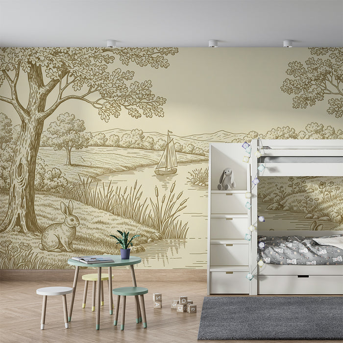 Papier peint chambre enfant | Scène bucolique avec lapins et écureuils au bord de l'eau