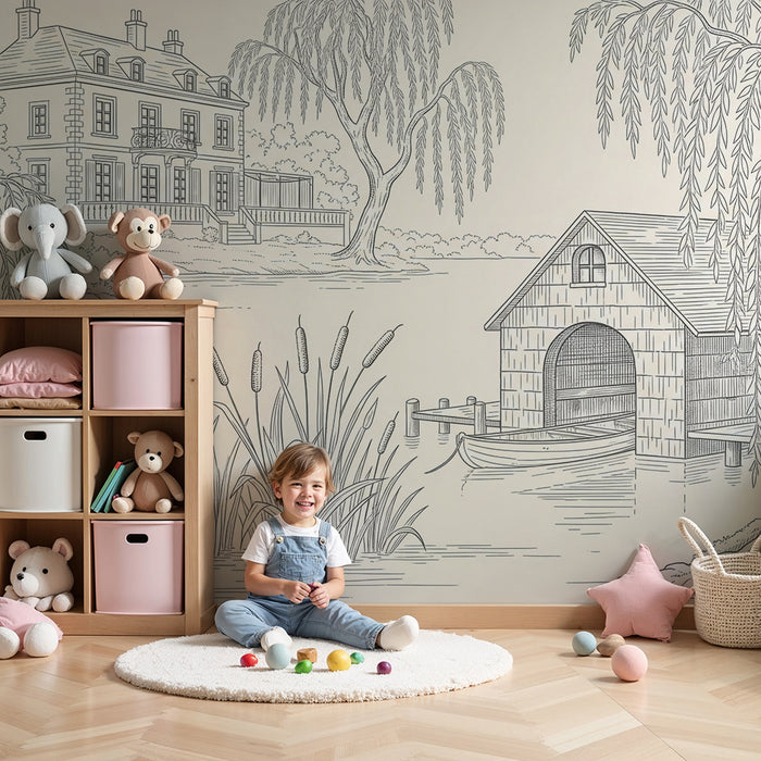 Papel pintado infantil | Escena bucólica con casa y cabaña junto al agua