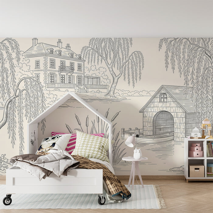 Papel pintado infantil | Escena bucólica con casa y cabaña junto al agua