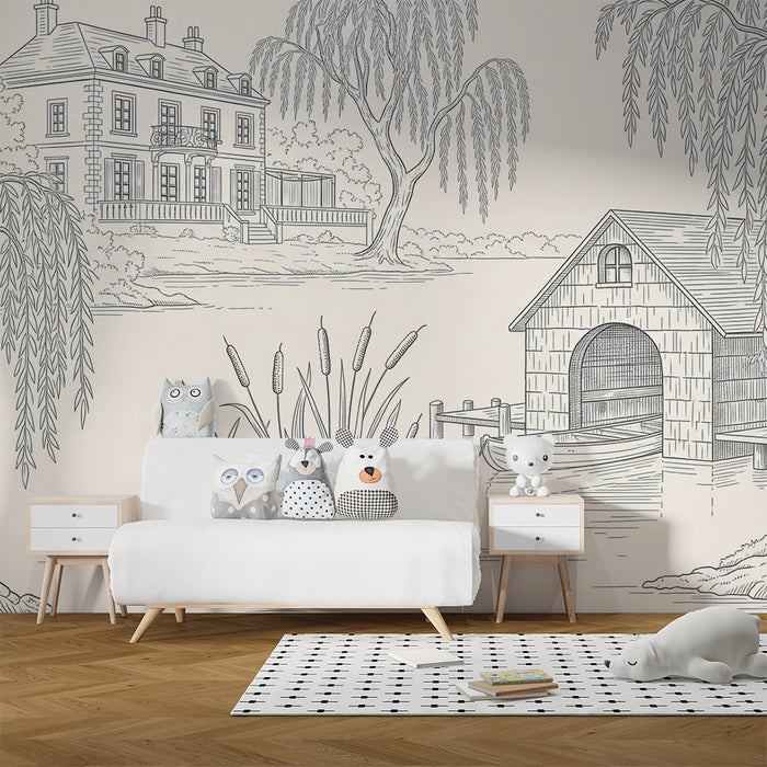 Papel pintado infantil | Escena bucólica con casa y cabaña junto al agua