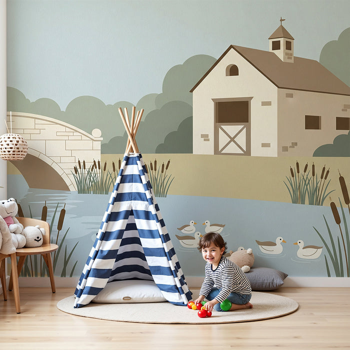 Children's bedroom wallpaper | Bucolic scene with a bridge and ducks