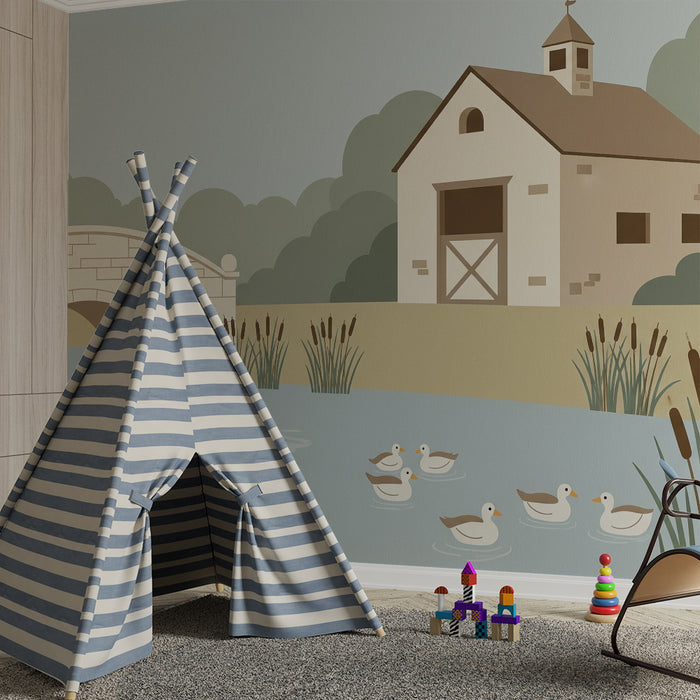 Children's bedroom wallpaper | Bucolic scene with a bridge and ducks