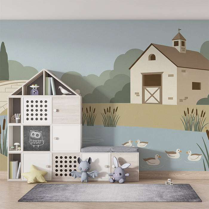 Children's bedroom wallpaper | Bucolic scene with a bridge and ducks