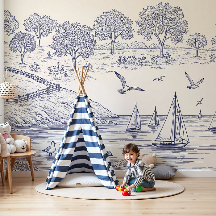 Children's bedroom wallpaper | Bucolic scene with sailboats and birds in flight