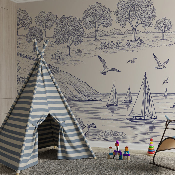 Children's bedroom wallpaper | Bucolic scene with sailboats and birds in flight