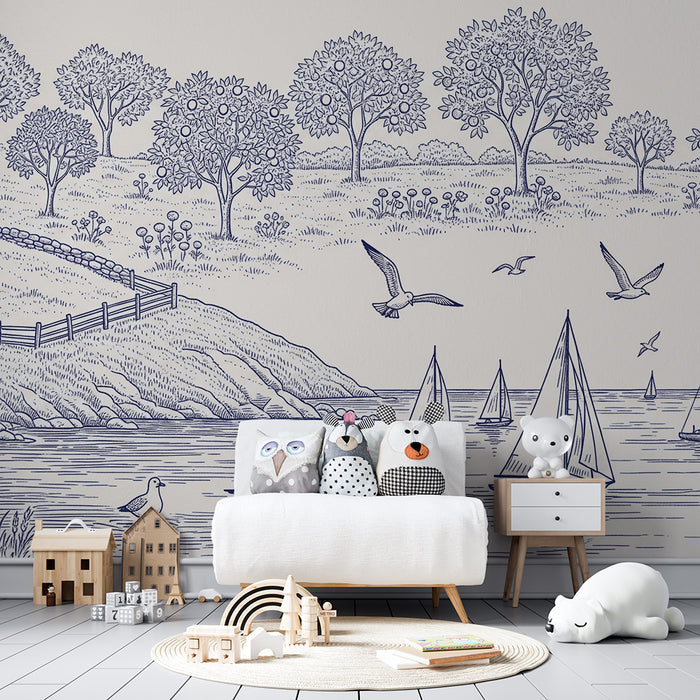 Children's bedroom wallpaper | Bucolic scene with sailboats and birds in flight