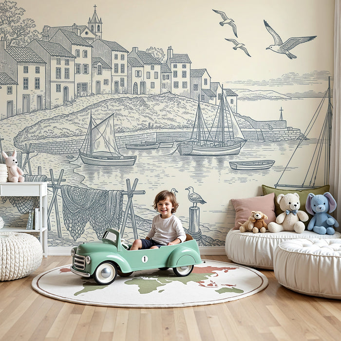 Papel pintado infantil | Escena costera con barcos y casas pintorescas