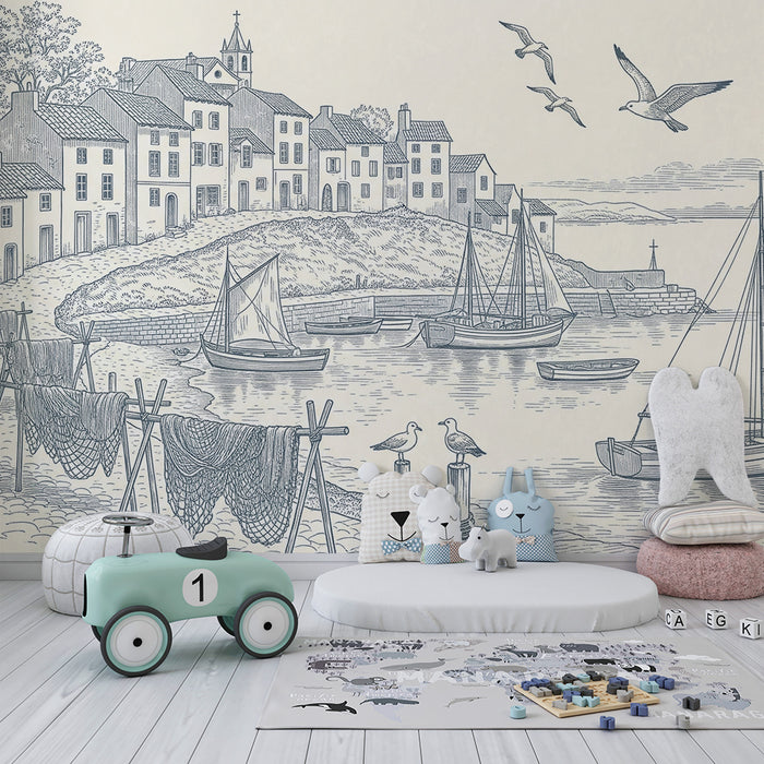 Papel pintado infantil | Escena costera con barcos y casas pintorescas