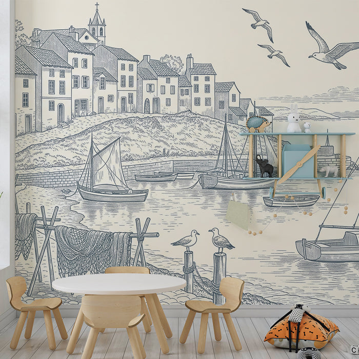Papel pintado infantil | Escena costera con barcos y casas pintorescas