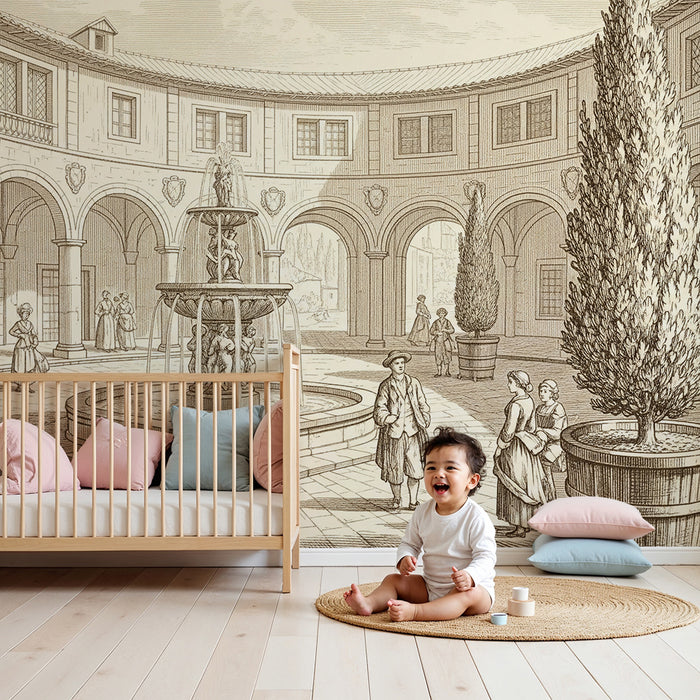 Papel pintado infantil | Escena de patio con fuente y personajes históricos