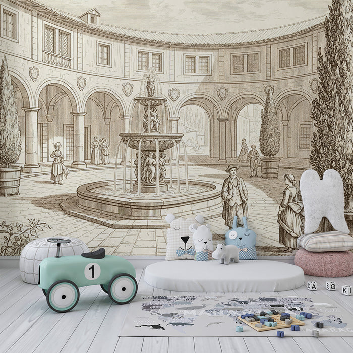Papel pintado infantil | Escena de patio con fuente y personajes históricos