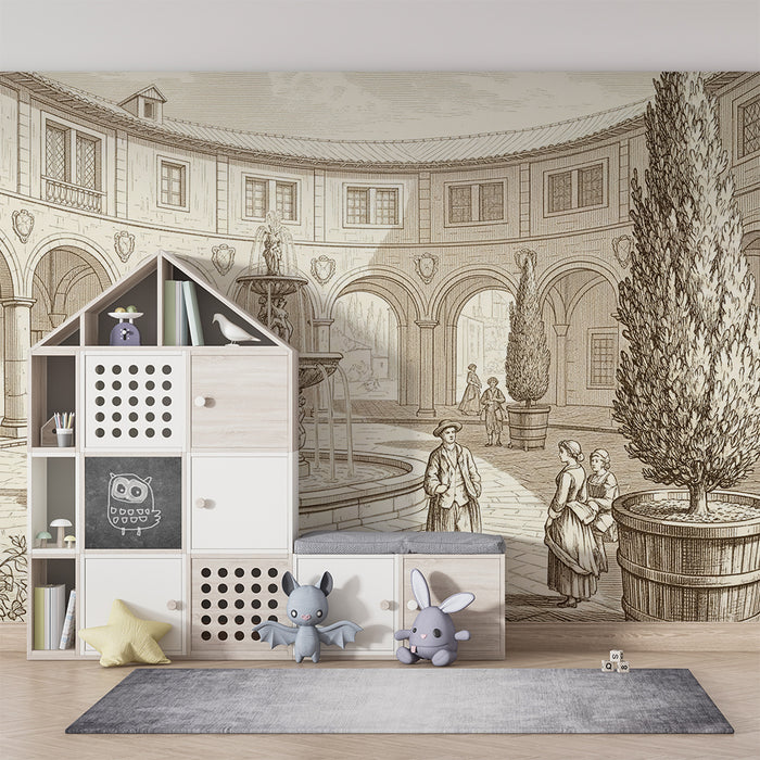 Papel pintado infantil | Escena de patio con fuente y personajes históricos