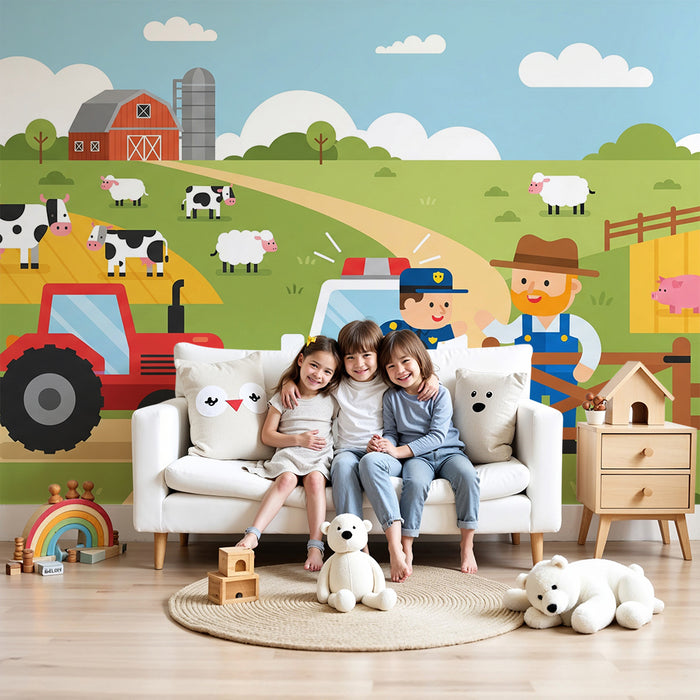 Behang kinderkamer | Levendige boerderijscène met dieren en tractor