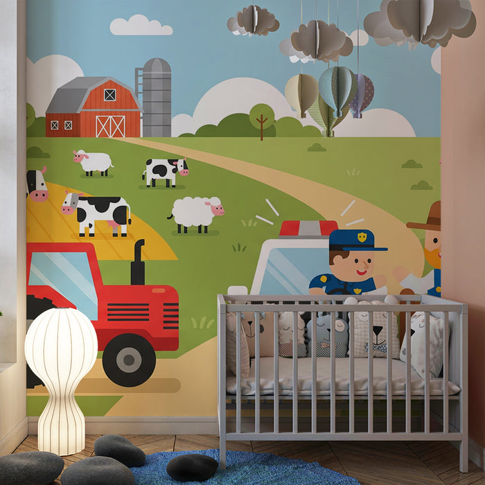 Behang kinderkamer | Levendige boerderijscène met dieren en tractor
