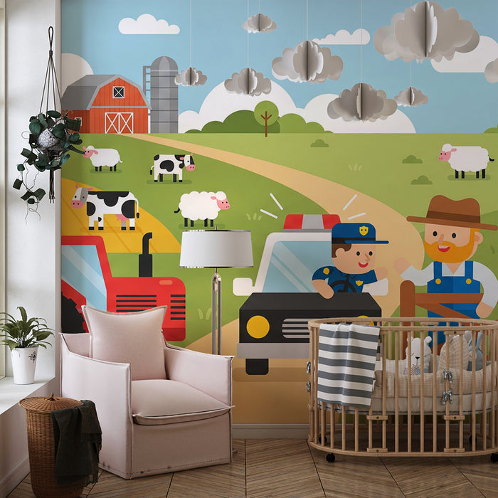 Behang kinderkamer | Levendige boerderijscène met dieren en tractor