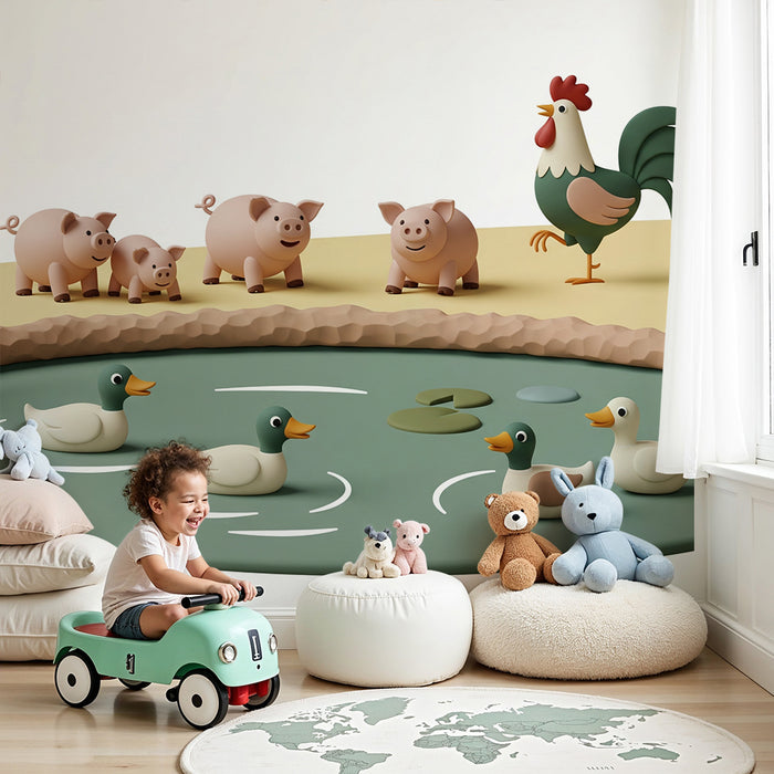 Papier peint chambre enfant | Scène de ferme avec canards et cochons joyeux