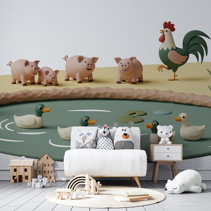 Papier peint chambre enfant | Scène de ferme avec canards et cochons joyeux