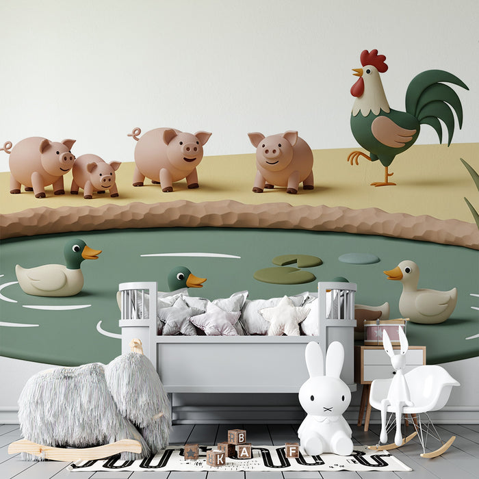 Papier peint chambre enfant | Scène de ferme avec canards et cochons joyeux