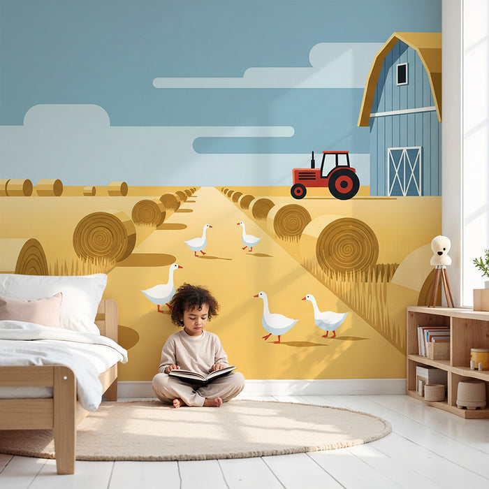 Tapete Kinderzimmer | Bauernhof-Szene mit Enten und rotem Traktor