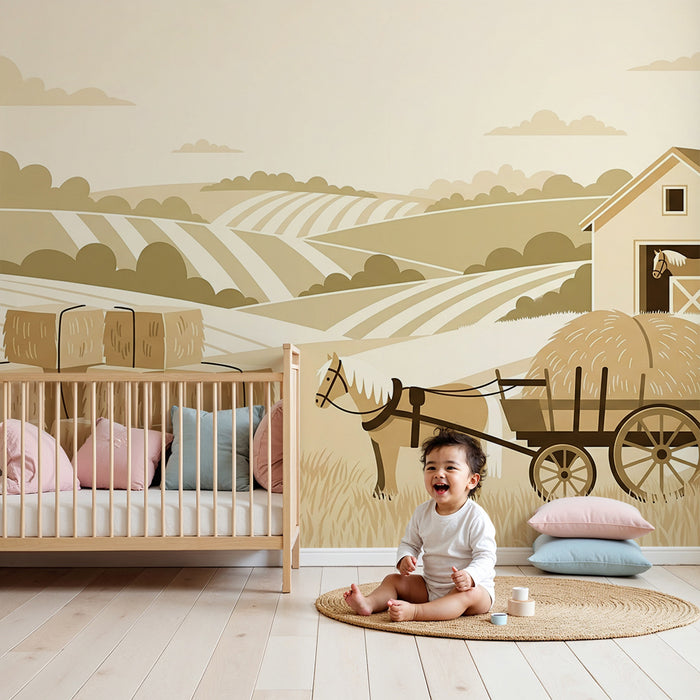 Children's bedroom wallpaper | Farm scene with horses and hay bales
