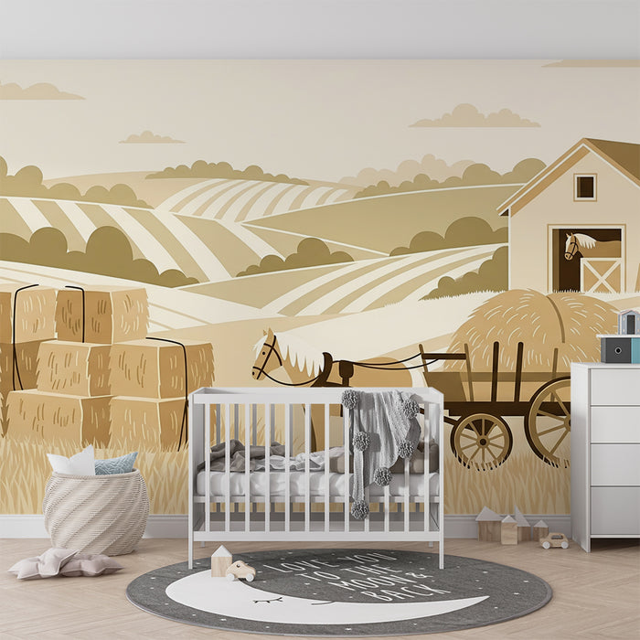 Children's bedroom wallpaper | Farm scene with horses and hay bales
