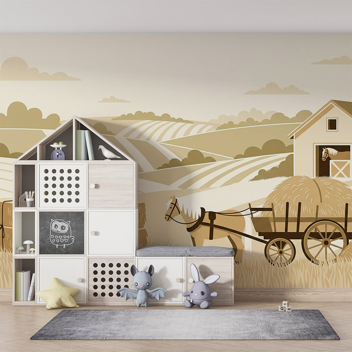 Children's bedroom wallpaper | Farm scene with horses and hay bales