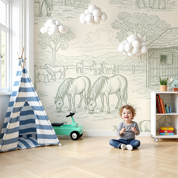 Kinderzimmer-Tapete | Bauernhof-Szene mit Pferden und ländlicher Landschaft