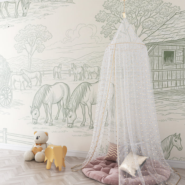 Kinderzimmer-Tapete | Bauernhof-Szene mit Pferden und ländlicher Landschaft