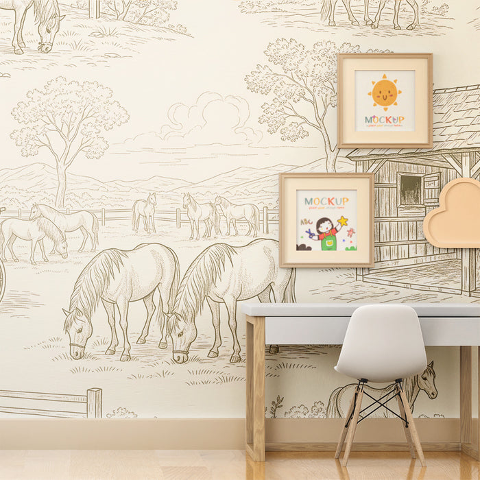 Kinderzimmer-Tapete | Bauernhof-Szene mit Pferden und ländlicher Landschaft