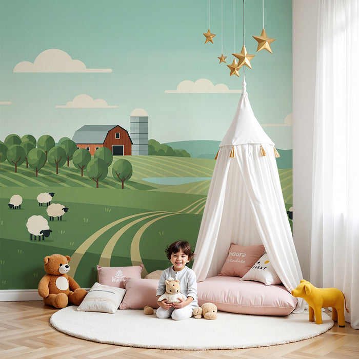 Kids bedroom wallpaper | Farm scene with sheep and green landscapes