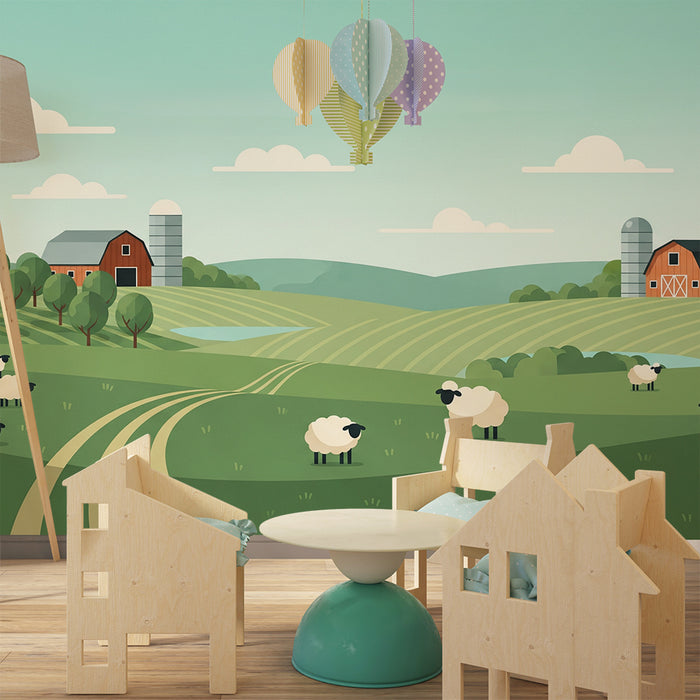 Kids bedroom wallpaper | Farm scene with sheep and green landscapes